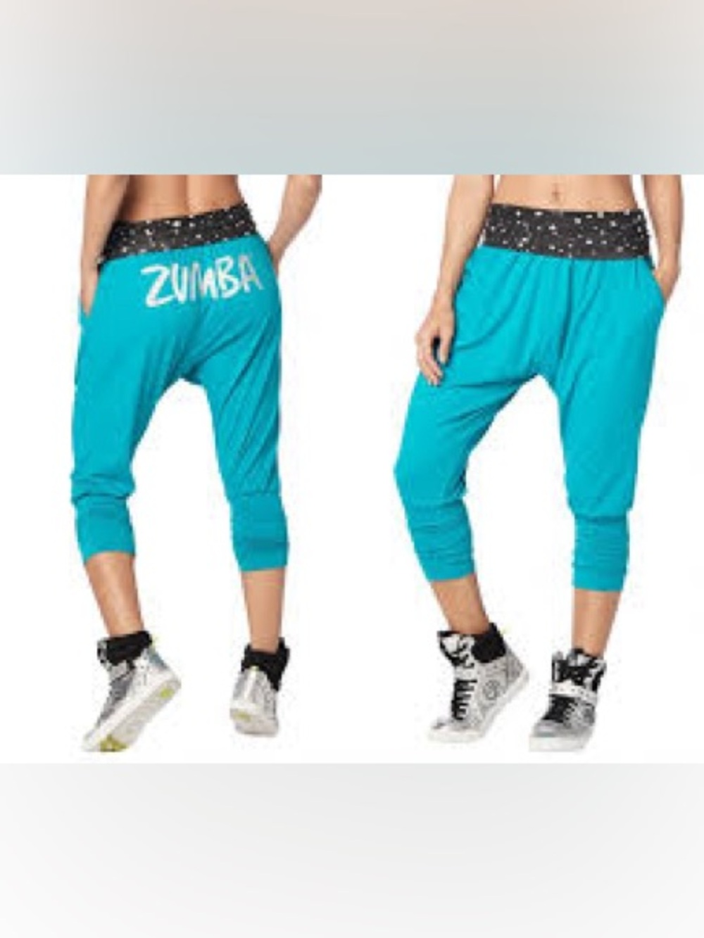 Zumba Dream Capri Harem Pants sz Small Teal w/Black Stars foldover waistband